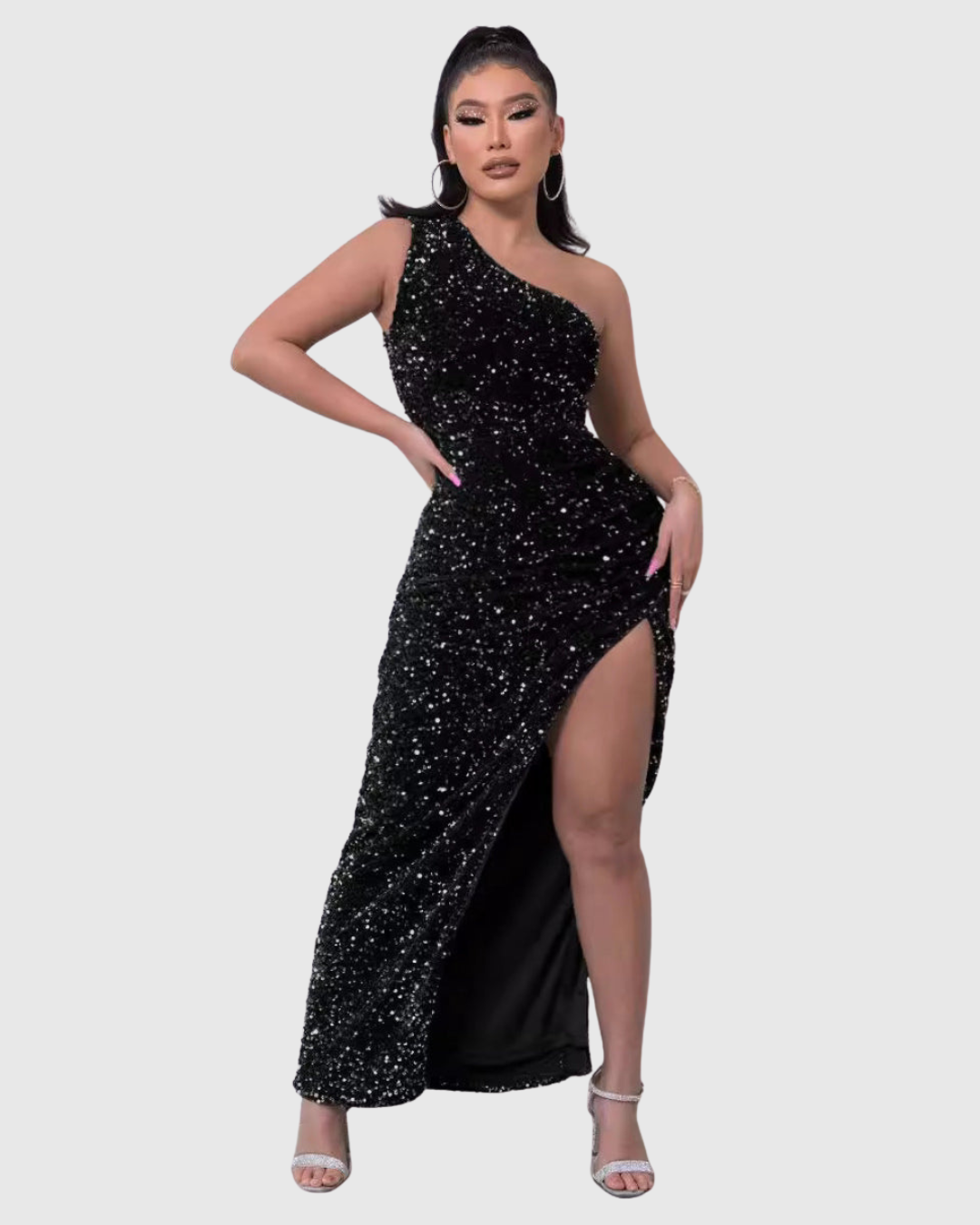 Dame Aftenkjole med Pailletter og One-Shoulder Design