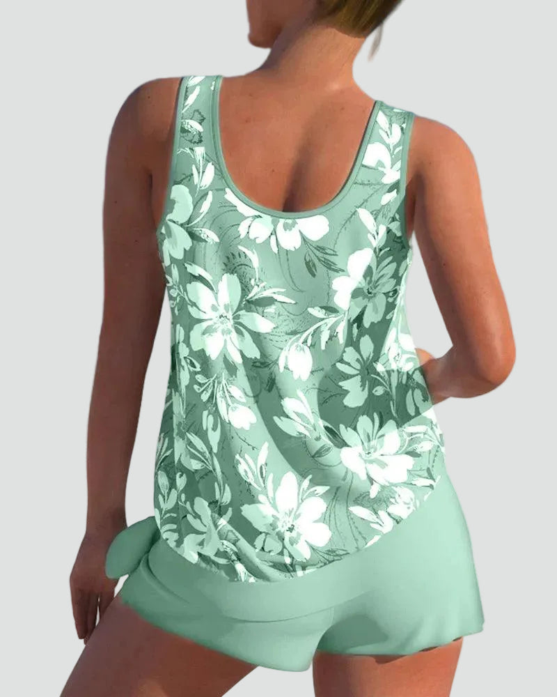 Dame Tankini Sæt med Blomsterprint – Formgivende Badetøj