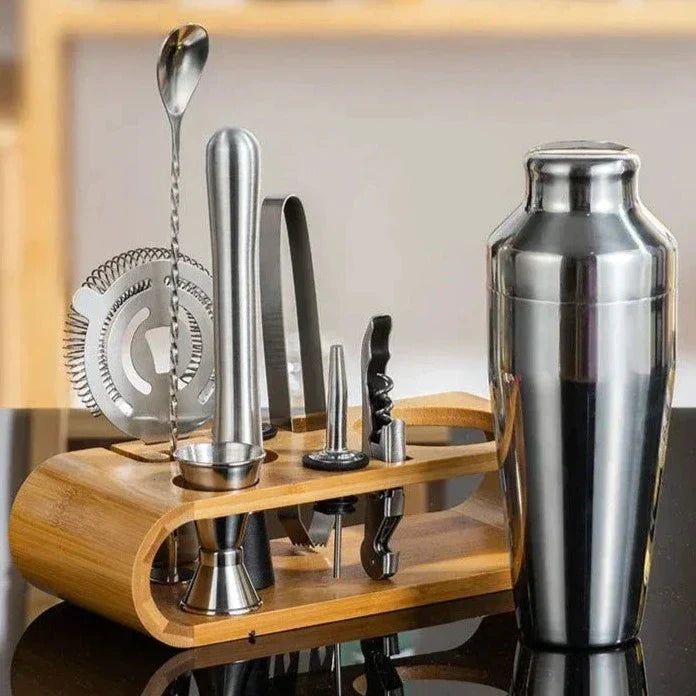 Cocktailshaker Sæt i Rustfrit Stål med Bambusstativ