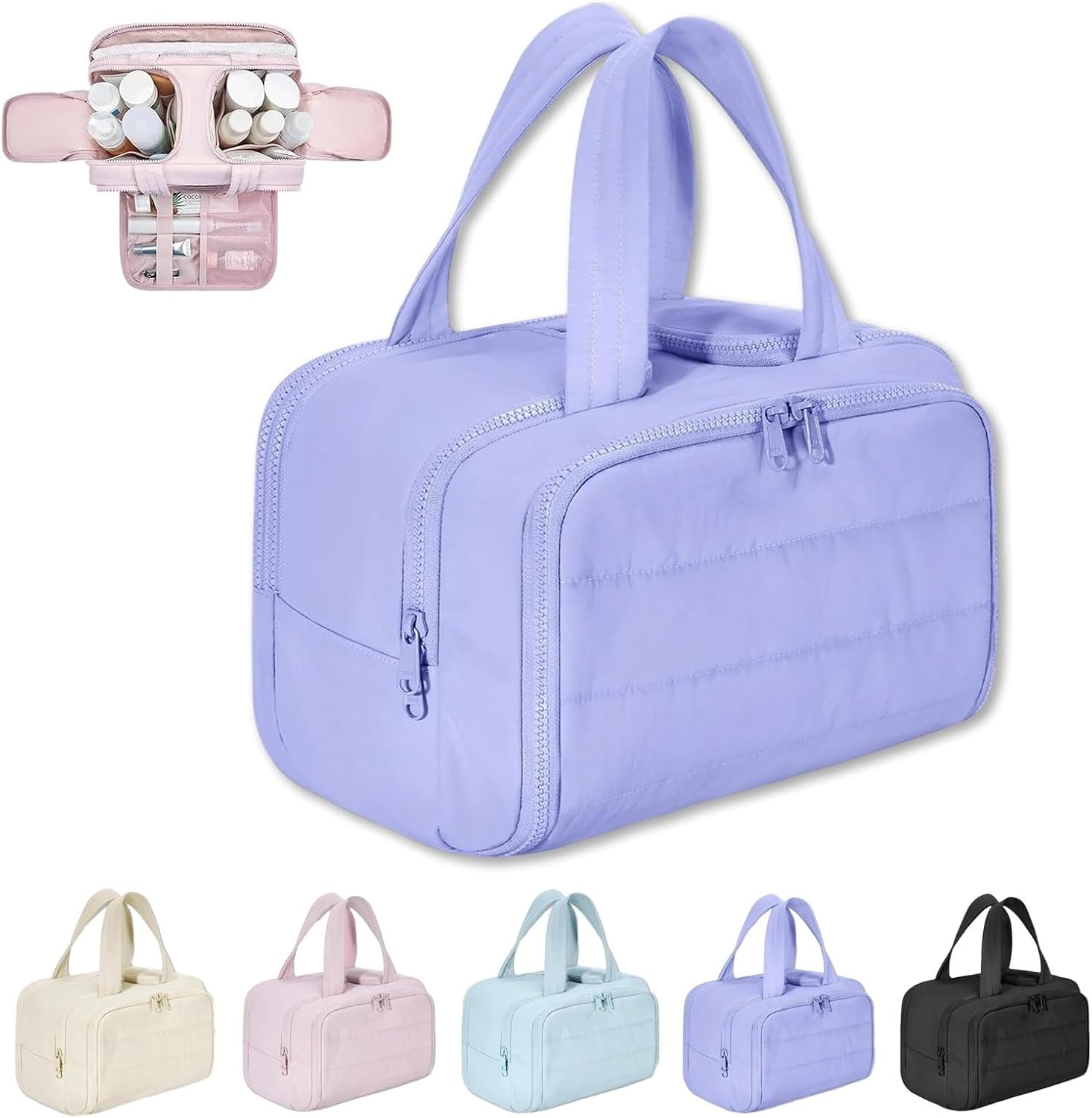Toilettaske til kvinder – Quiltet polyester, sort, 4-i-1 rejsetaske til makeup og pleje