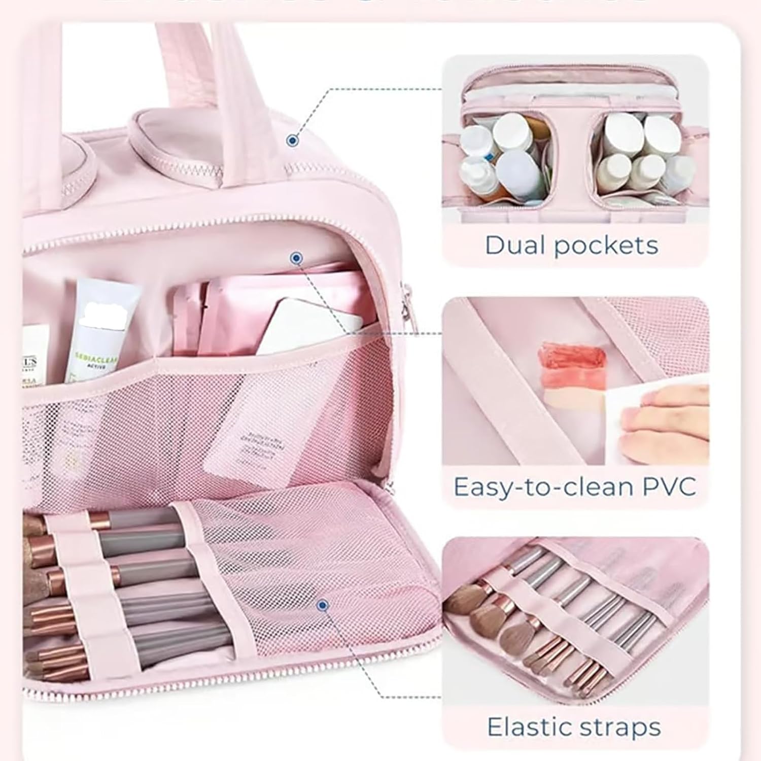 Toilettaske til kvinder – Quiltet polyester, sort, 4-i-1 rejsetaske til makeup og pleje