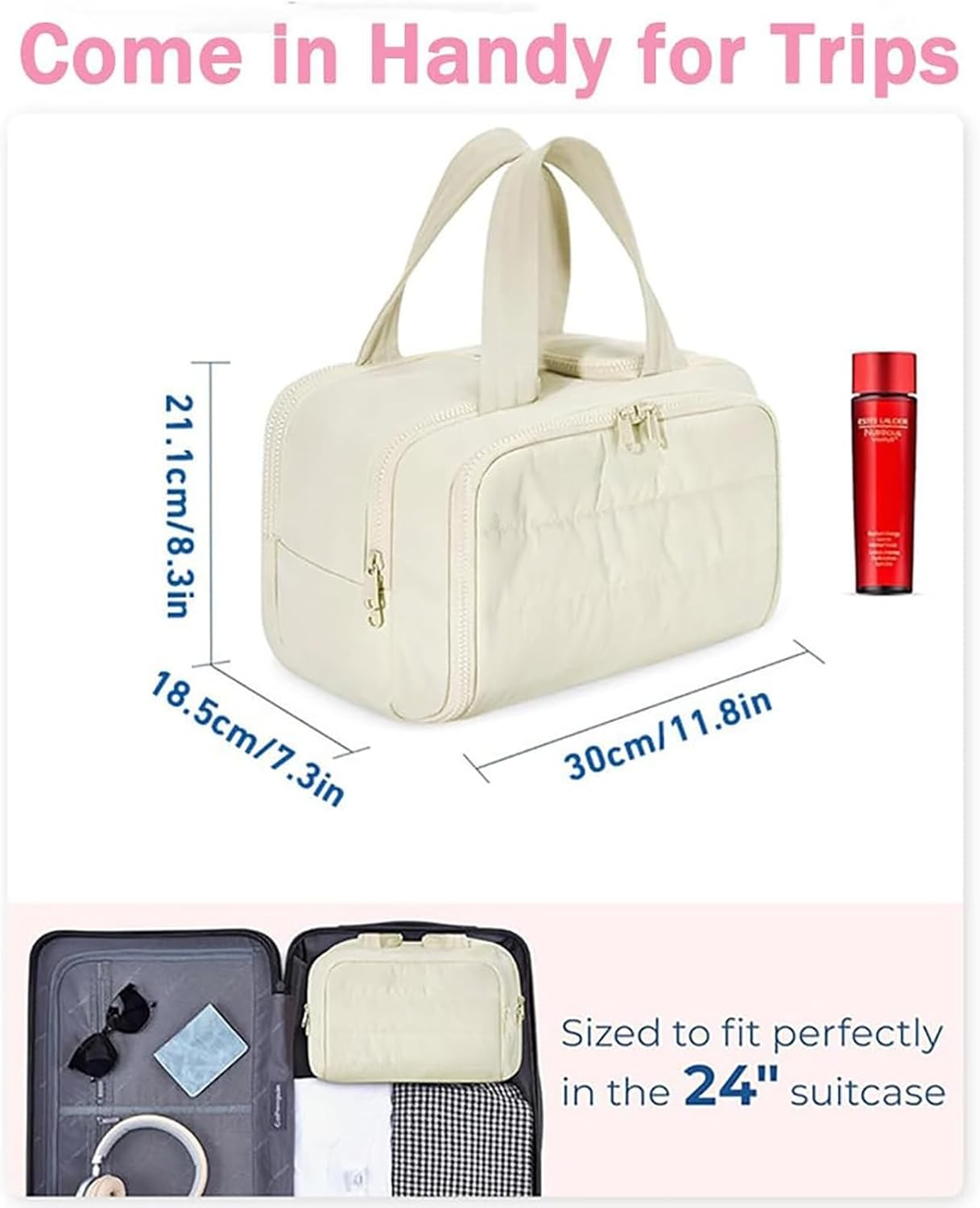 Toilettaske til kvinder – Quiltet polyester, sort, 4-i-1 rejsetaske til makeup og pleje