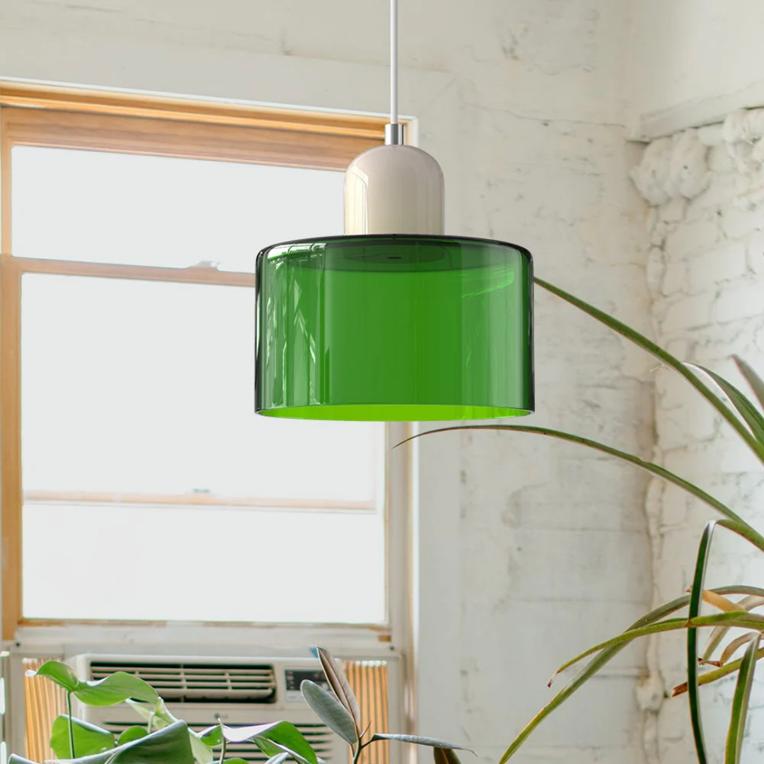 Retro Pendant Light – Dark Green and Orange Glass for a Dining Table or Reading Nook with Adjustable Hanging Length