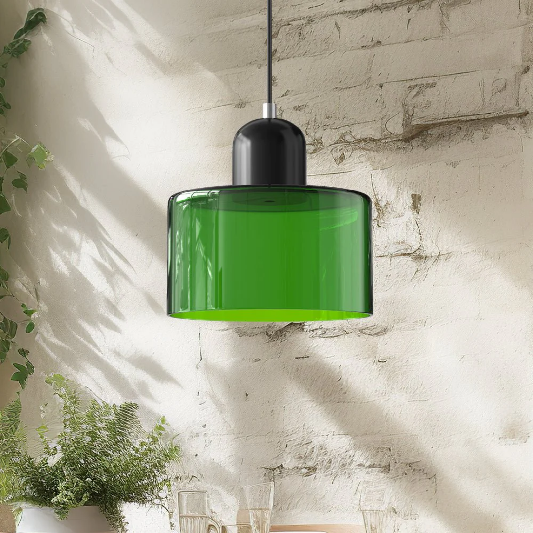Retro Pendant Light – Dark Green and Orange Glass for a Dining Table or Reading Nook with Adjustable Hanging Length
