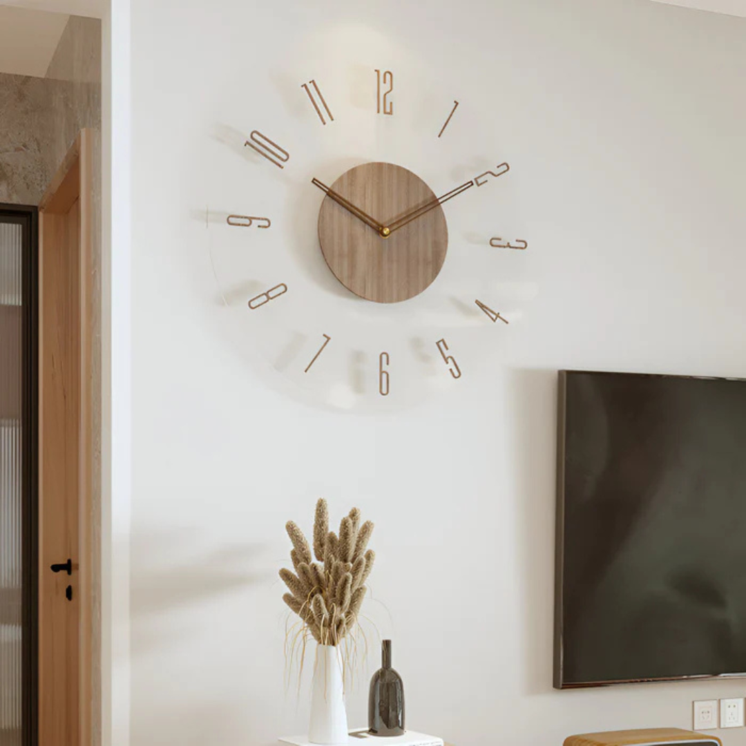Modern wall clock – clear acrylic and wood, simple design for living room or office