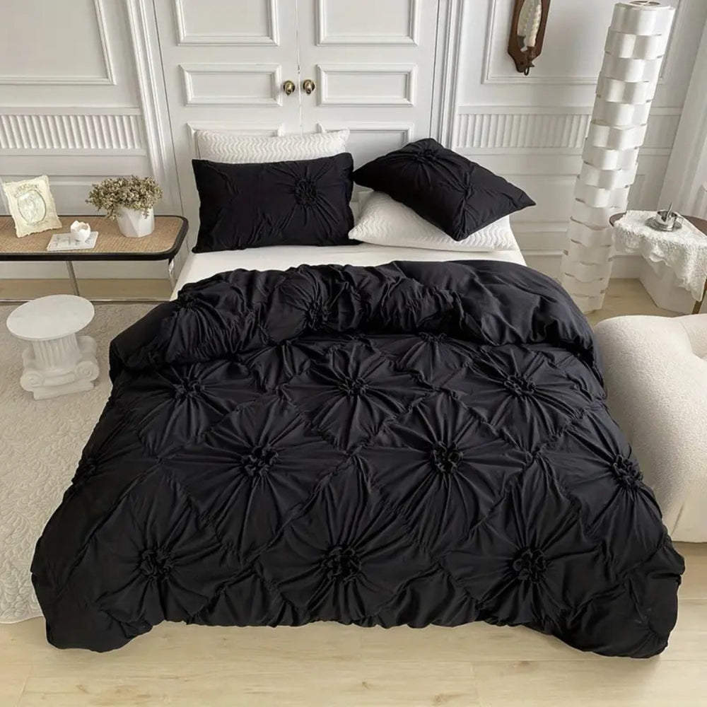 Wrinkled Flower Bedding Set – White, Elegant Microfiber for Bedroom with Pillowcase