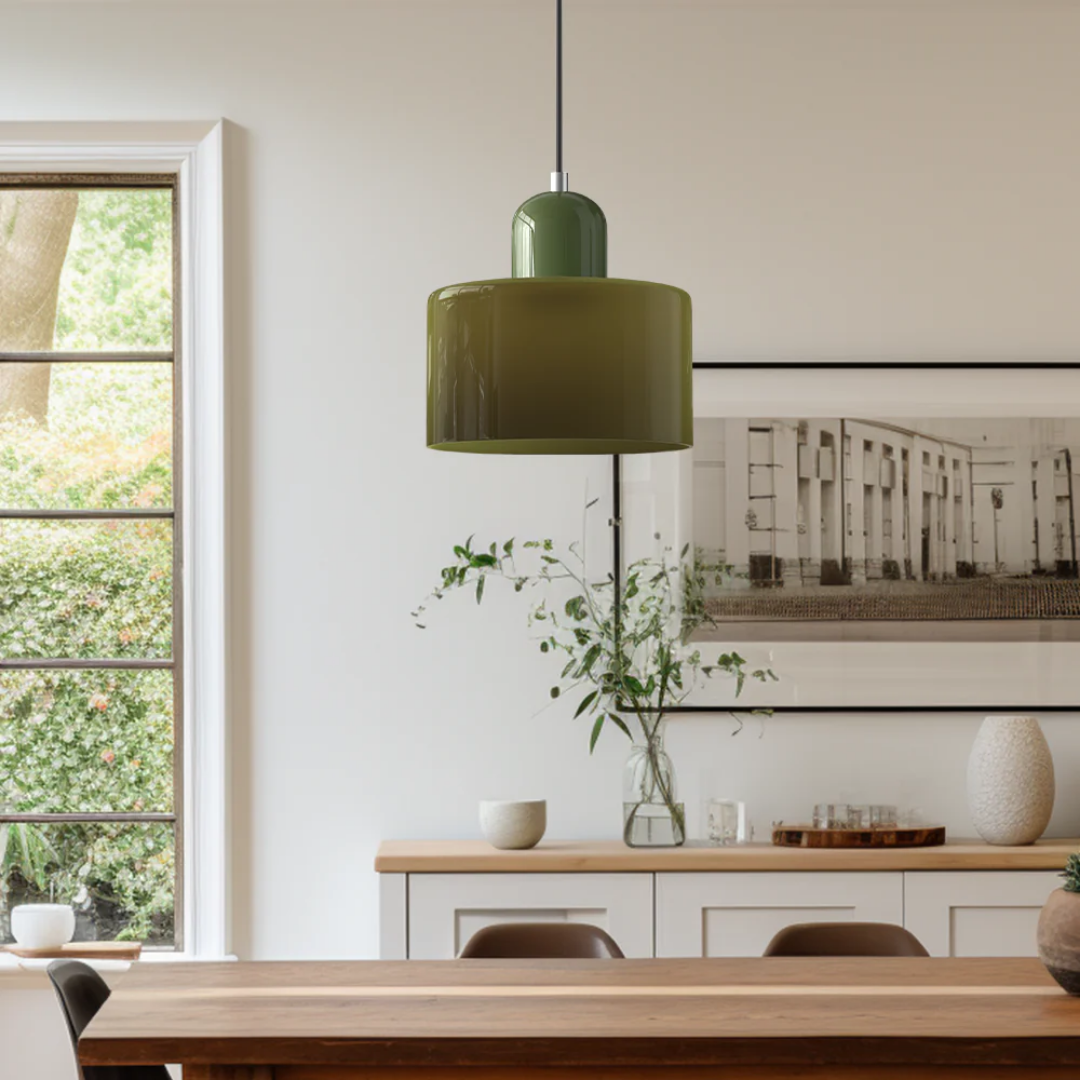 Retro Pendant Light – Dark Green and Orange Glass for a Dining Table or Reading Nook with Adjustable Hanging Length