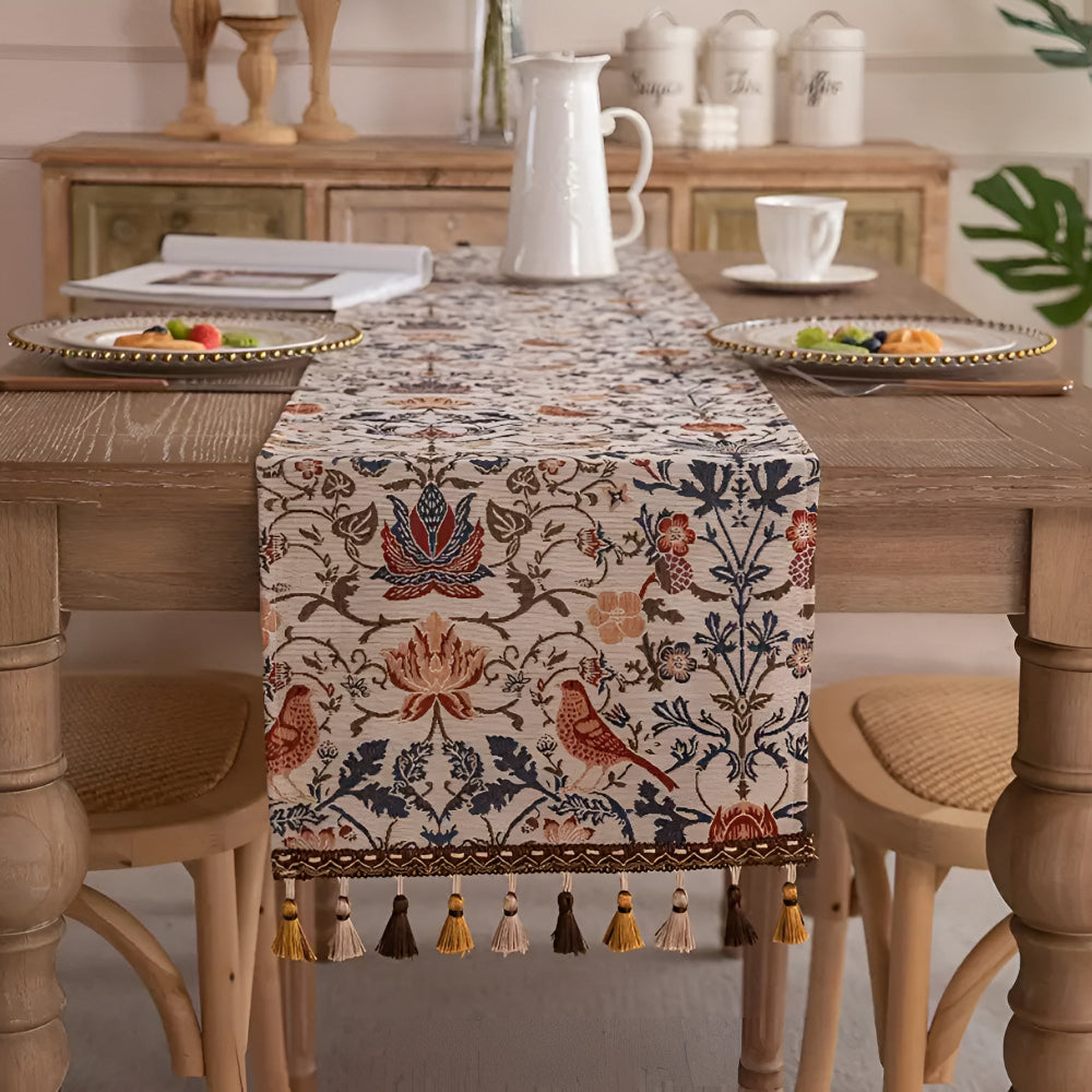 Vintage Jacquard Borddug – Blomster og Fugle, Rustik Design til Spise- eller Kaffe Bord