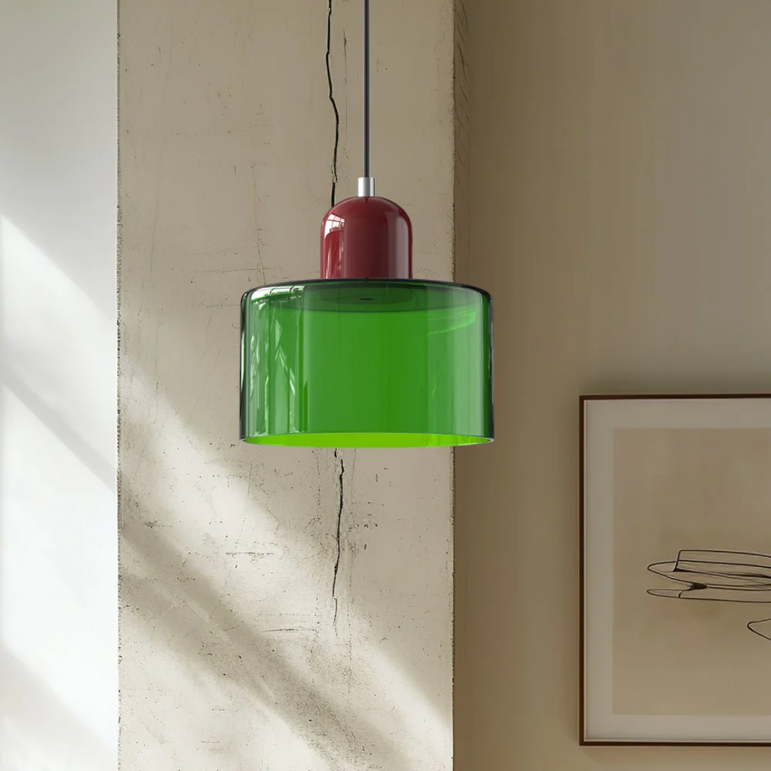 Retro Pendant Light – Dark Green and Orange Glass for a Dining Table or Reading Nook with Adjustable Hanging Length