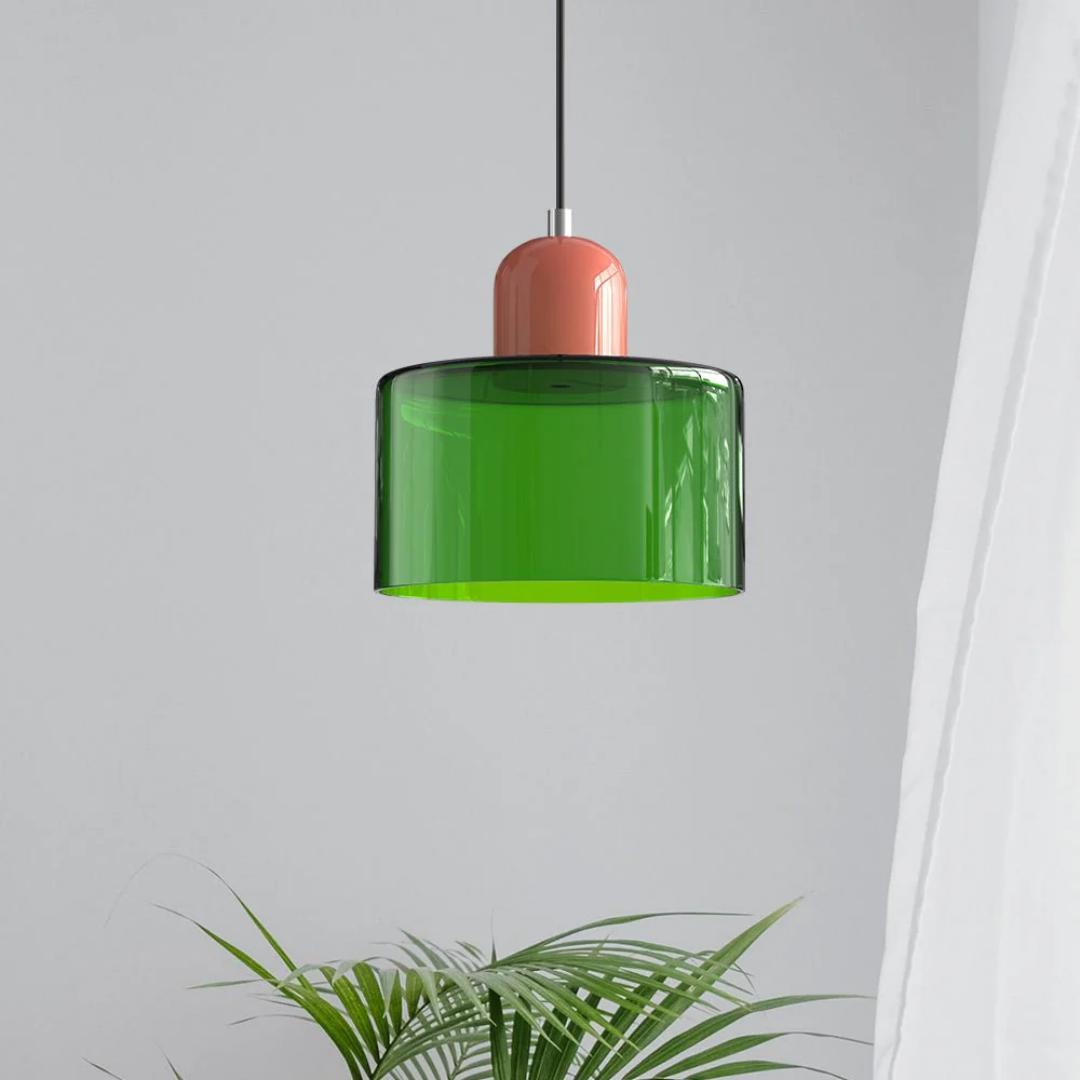 Retro Pendant Light – Dark Green and Orange Glass for a Dining Table or Reading Nook with Adjustable Hanging Length