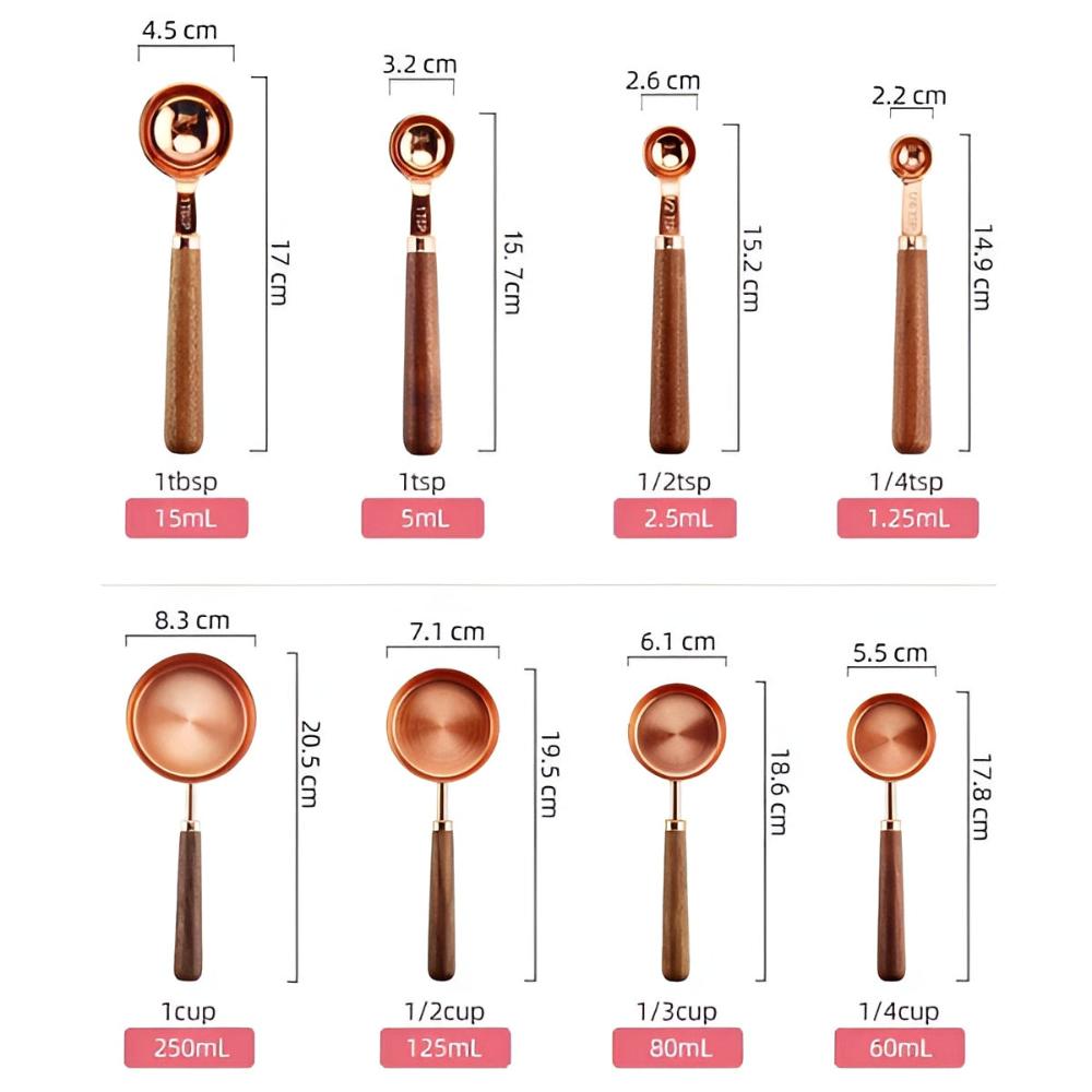 Copper Measuring Set – Stainless Steel with Copper Finish and Walnut Wood Handle for Kitchen or Baking