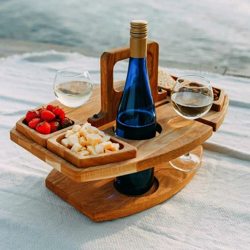 Picnicbord i Træ – Kompakt Vinbakke til Have, Altan og Udendørs Brug