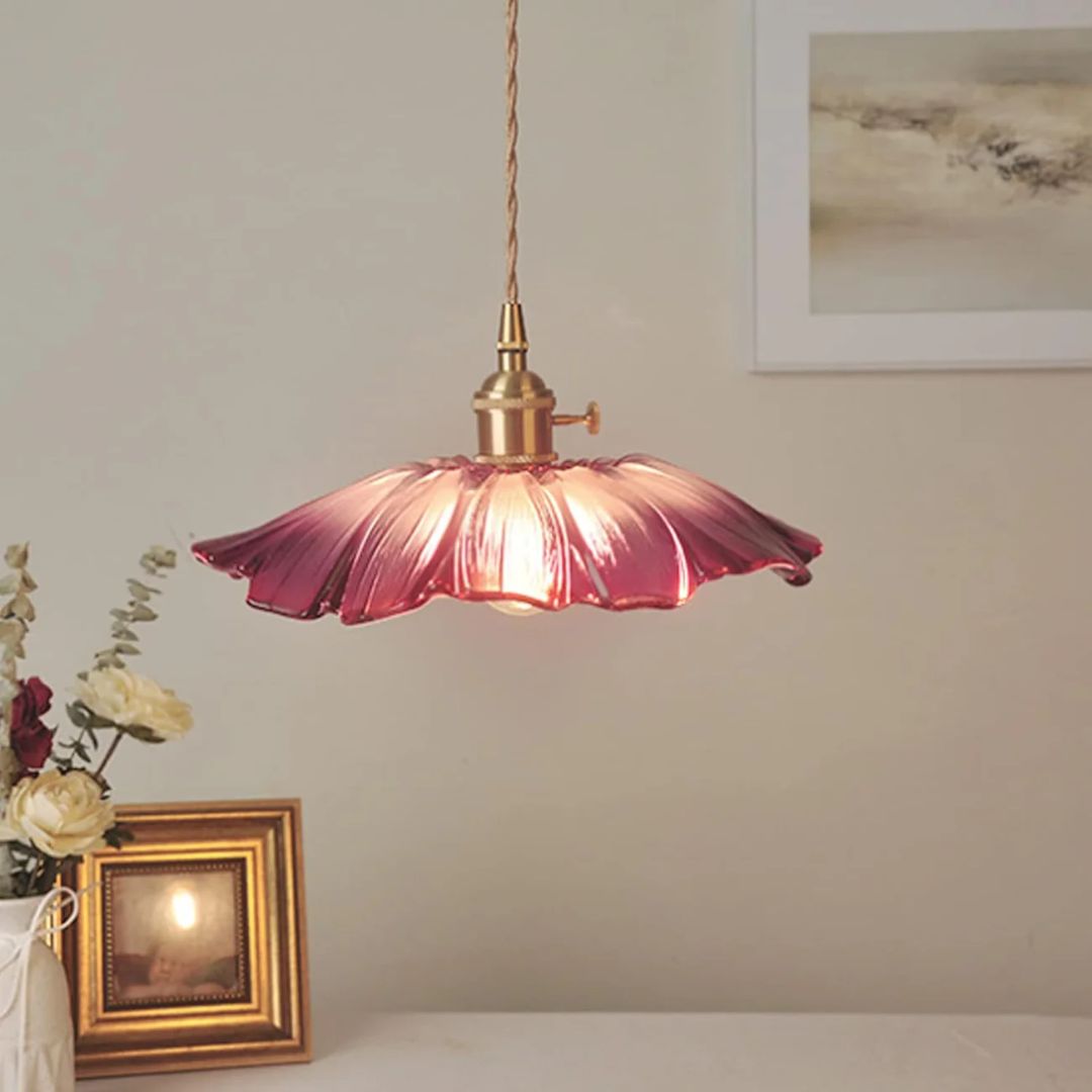 Ceiling Lamp – Deep Red Glass, Flower Shape for Dining Table or Living Room Decoration