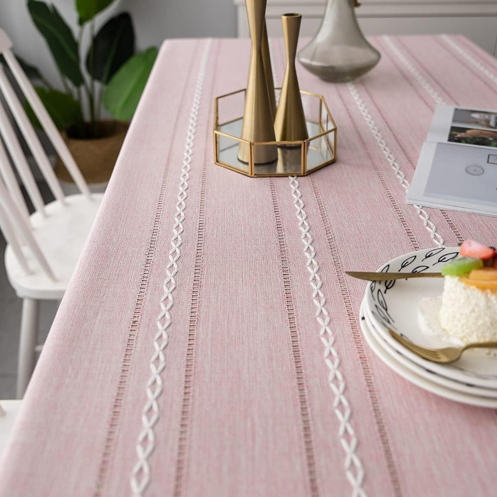 Cotton and Linen Tablecloth – Beige with Striped Design and Embroidery for Dining Table or Outdoor Parties