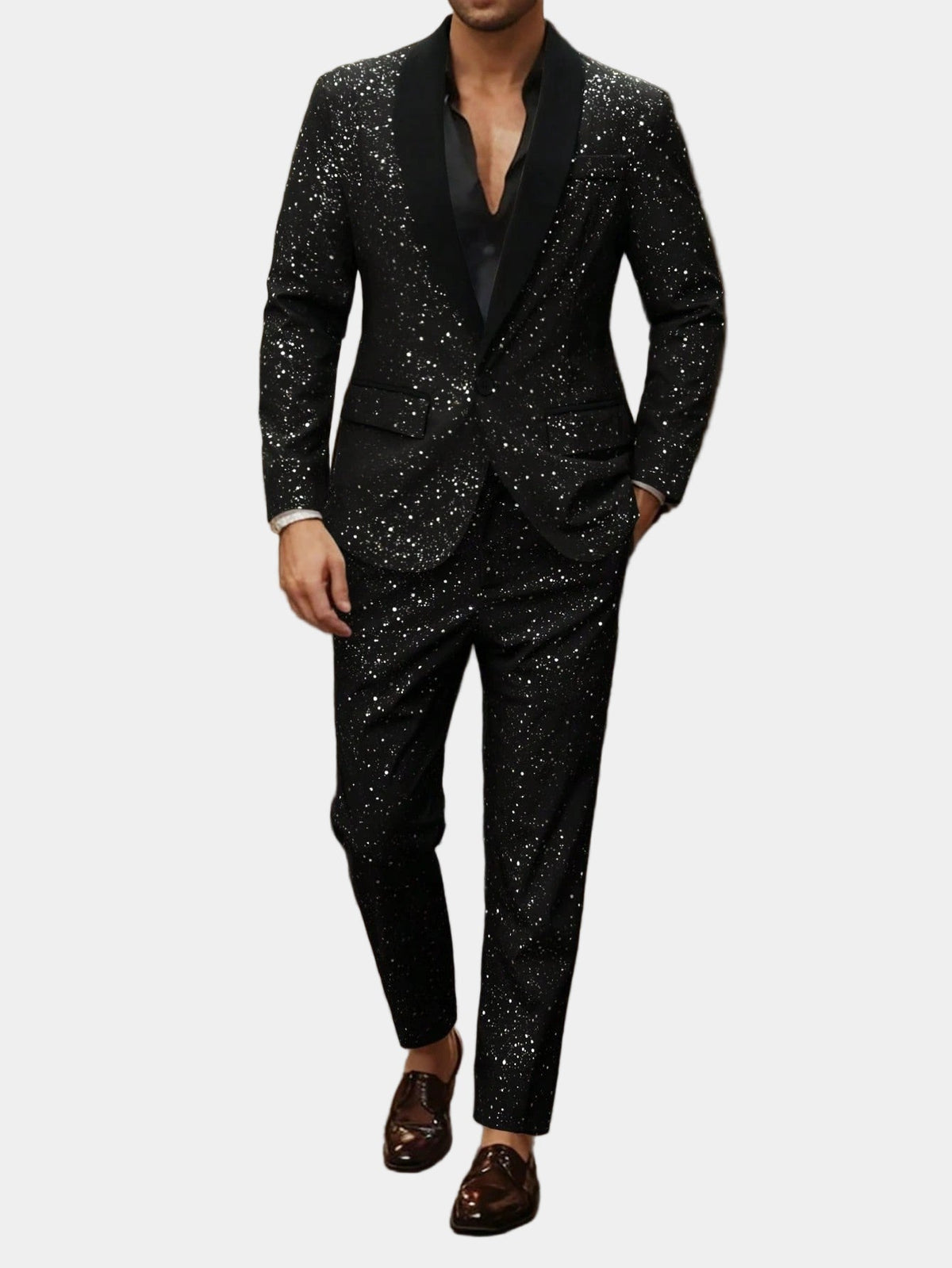 Herresæt med Glitterblazer og Bukser – Festdress i Sort
