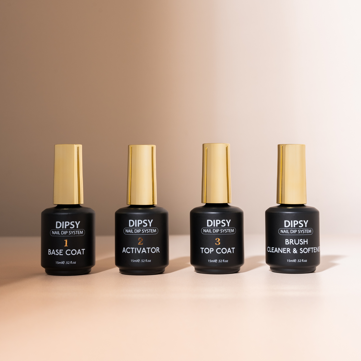 Væskesæt til Dyppepulver-negle – Basecoat, Activator, Topcoat og Børsterens