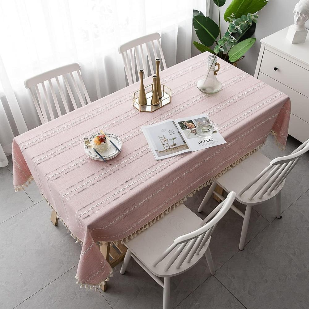 Cotton and Linen Tablecloth – Beige with Striped Design and Embroidery for Dining Table or Outdoor Parties