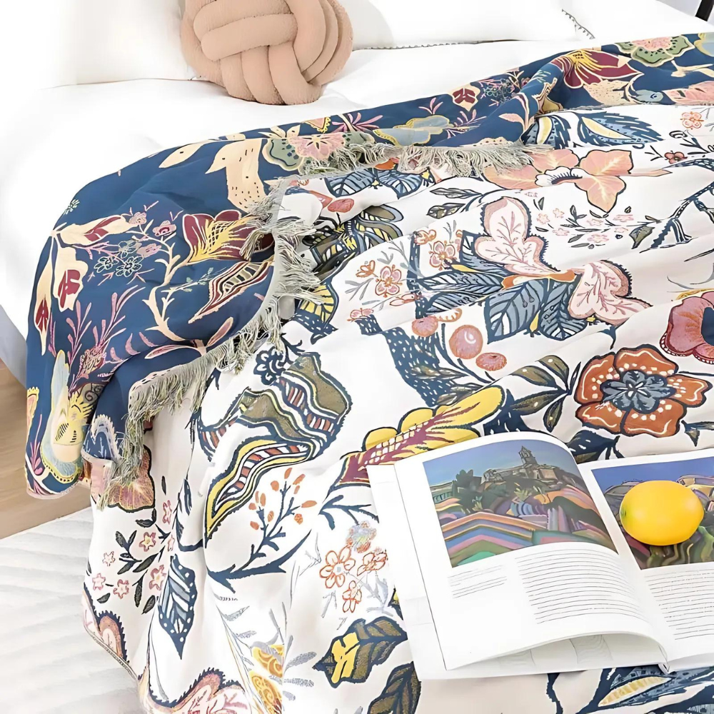 Cotton Plaid – Floral Print with Fringes, Lightweight for Sofa or Bedroom