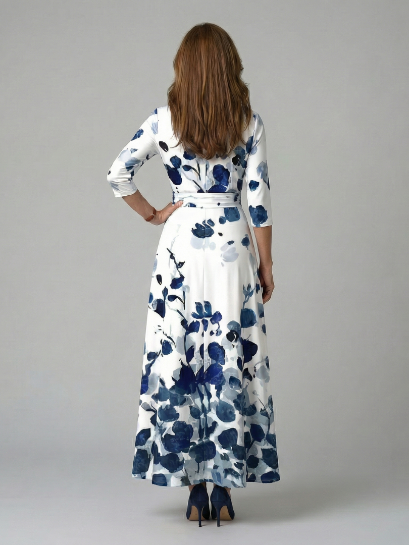 Dame Midikjole med Wrap-Hals og Blomsterprint