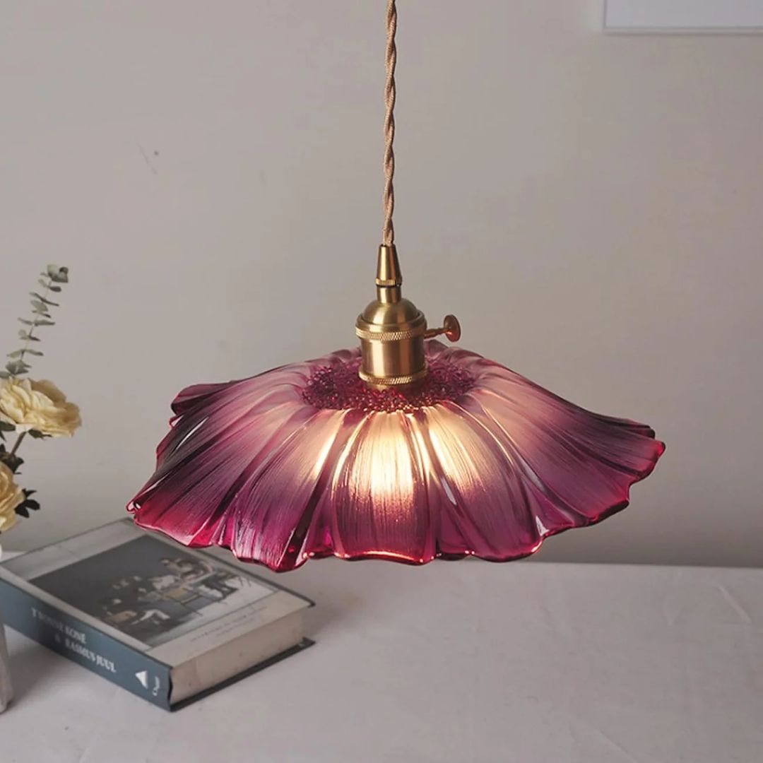Ceiling Lamp – Deep Red Glass, Flower Shape for Dining Table or Living Room Decoration