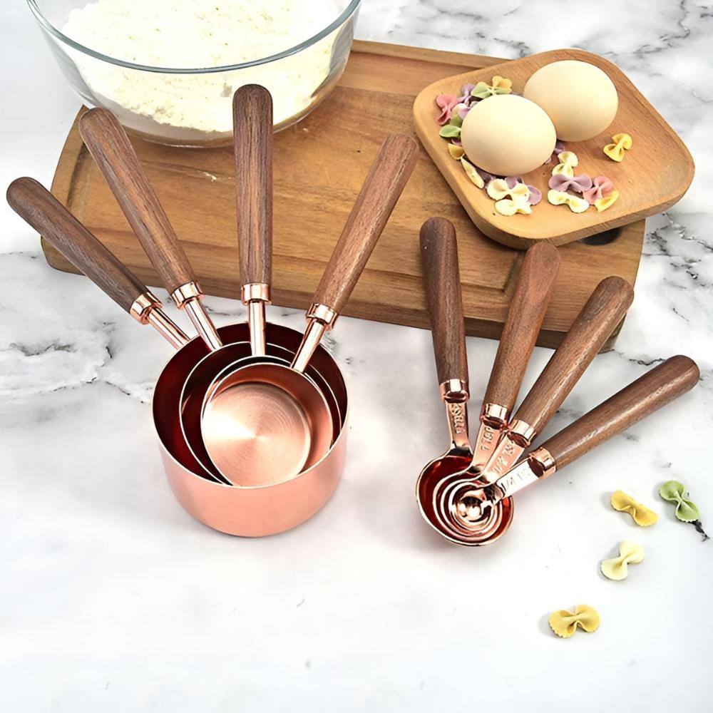 Copper Measuring Set – Stainless Steel with Copper Finish and Walnut Wood Handle for Kitchen or Baking