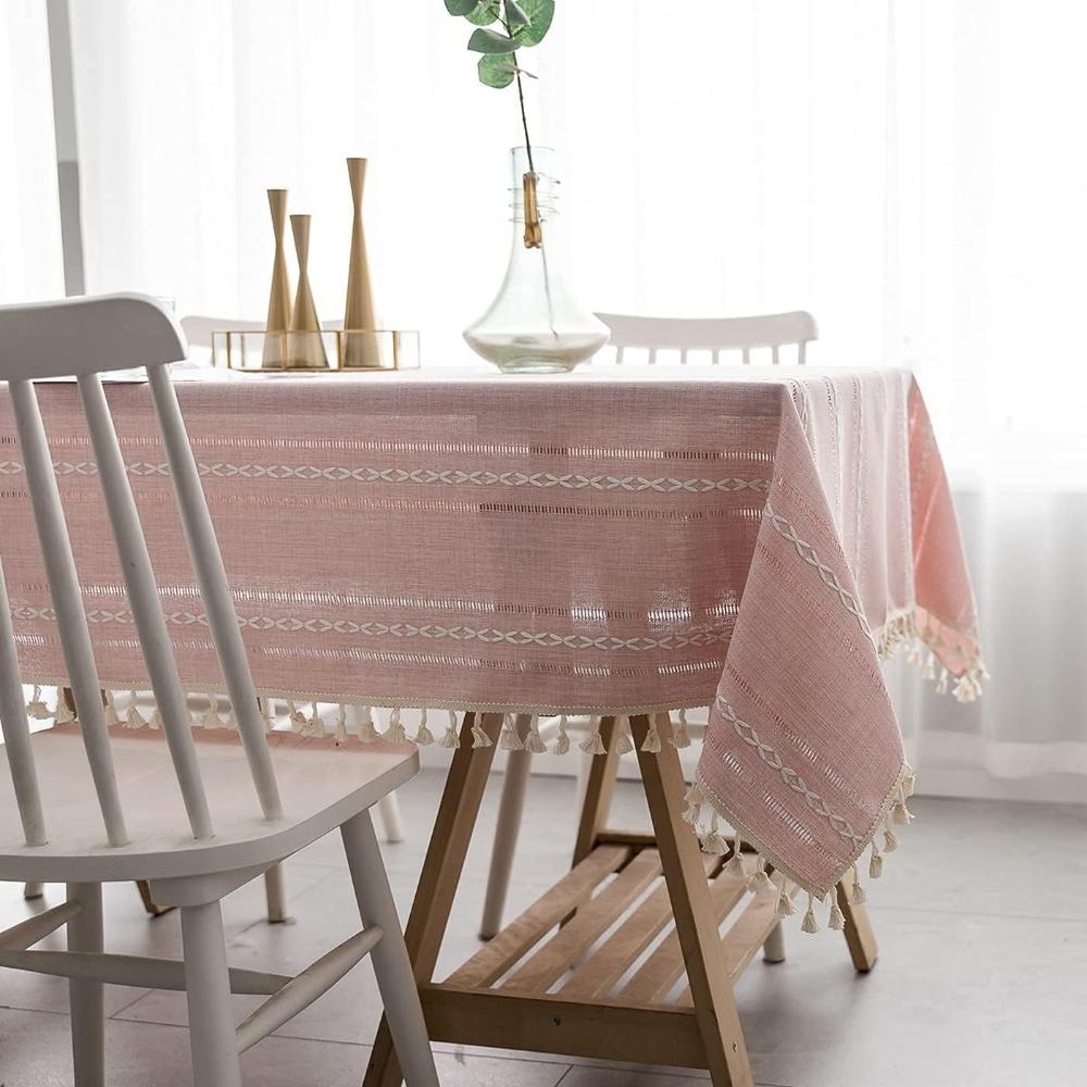 Cotton and Linen Tablecloth – Beige with Striped Design and Embroidery for Dining Table or Outdoor Parties