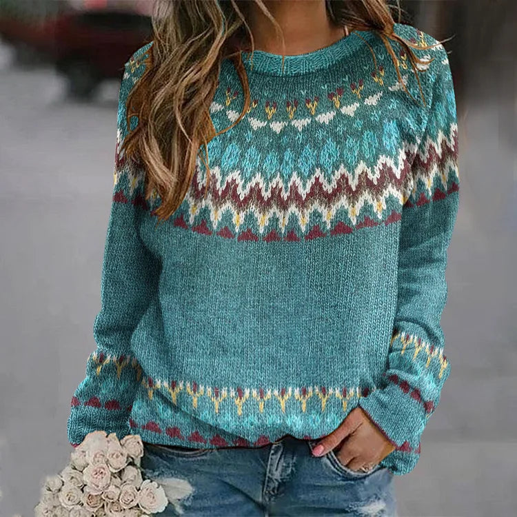 Dames Noorse gebreide trui - Blauw, warme wintertrui met Noors patroon