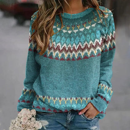 Dames Noorse gebreide trui - Blauw, warme wintertrui met Noors patroon