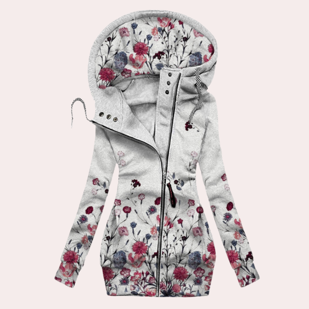 Hættetrøje med lynlås til kvinder - blomsterprint, langærmet, afslappet streetwear