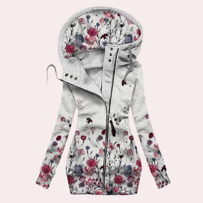 Hættetrøje med lynlås til kvinder - blomsterprint, langærmet, afslappet streetwear