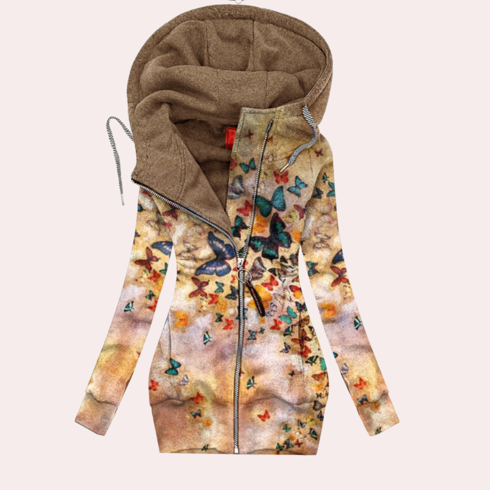 Hættetrøje med lynlås til kvinder - blomsterprint, langærmet, afslappet streetwear