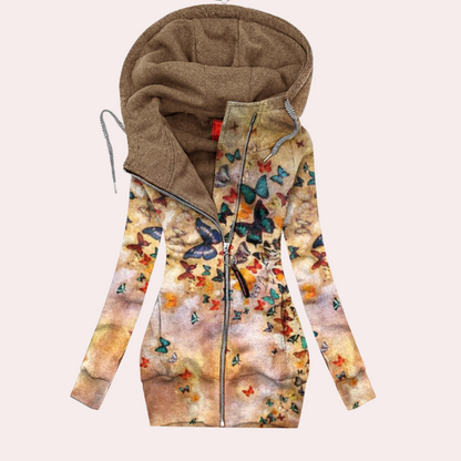 Hættetrøje med lynlås til kvinder - blomsterprint, langærmet, afslappet streetwear