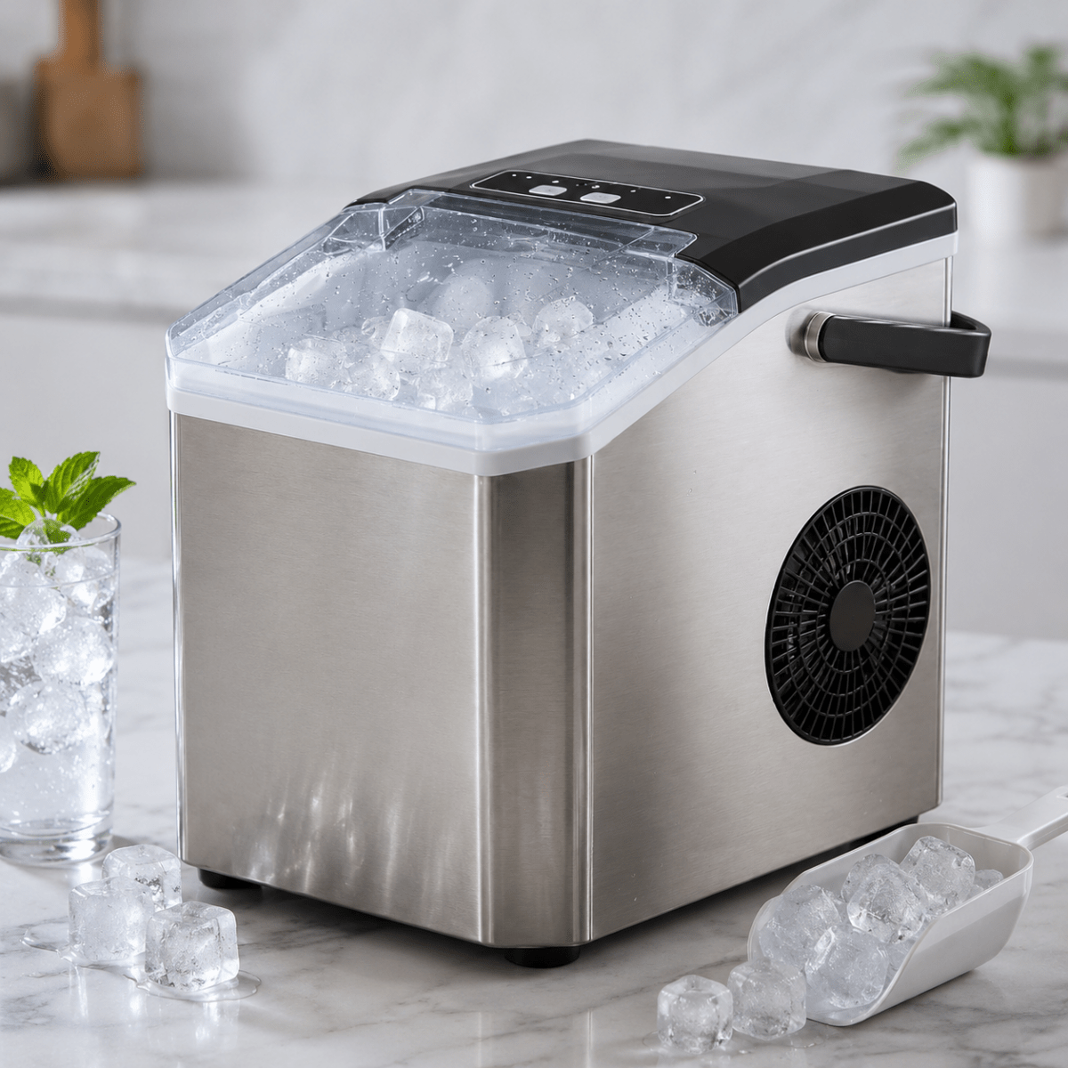 Compact Ice Maker – Automatic Ice Cube Maker with Transparent Lid for the Kitchen, Office, or Parties