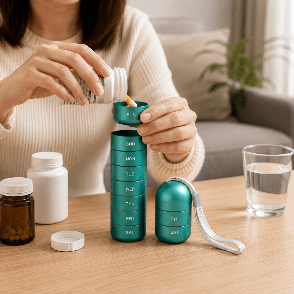 Pill Box – Portable 7-day organizer in a compact design for home use or travel