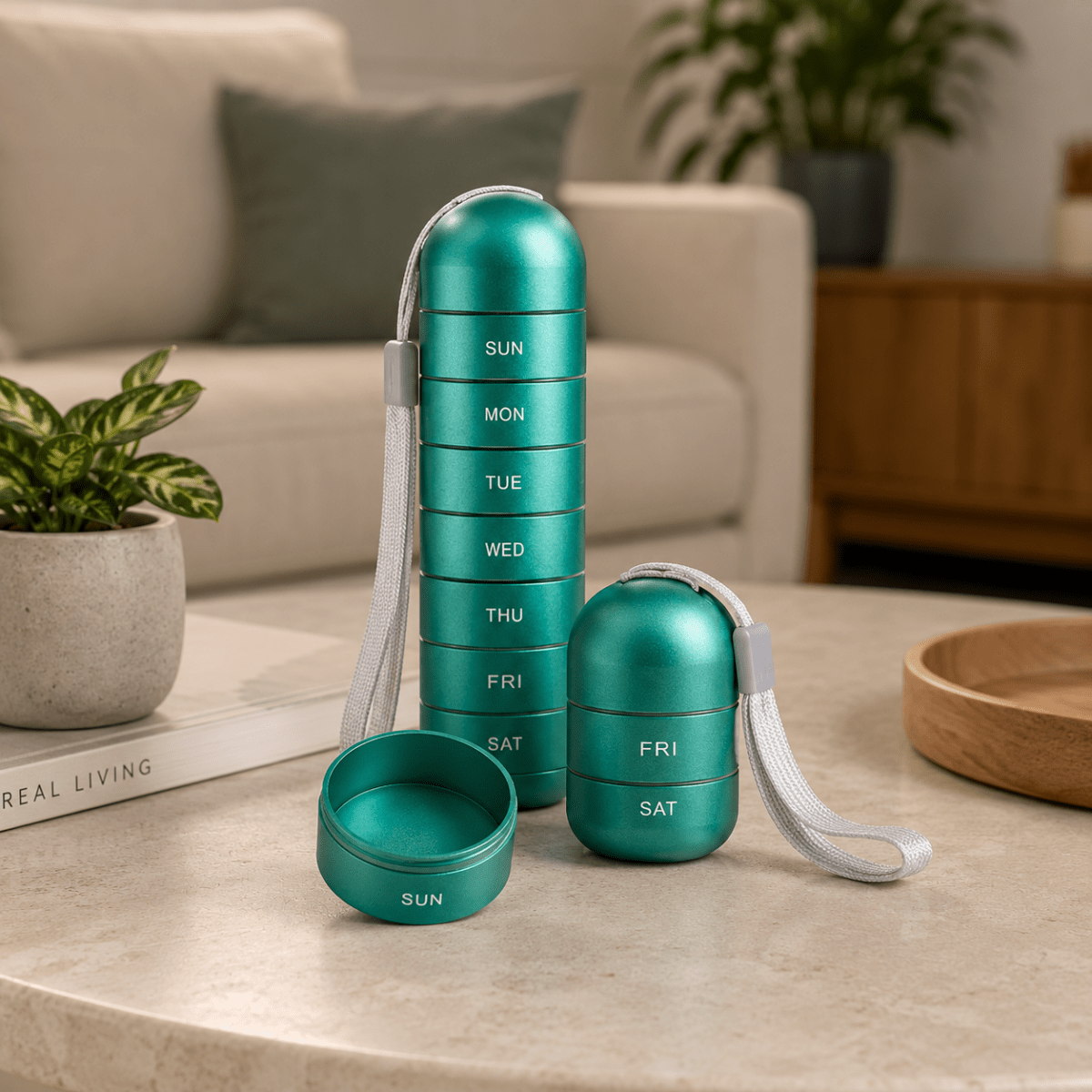 Pill Box – Portable 7-day organizer in a compact design for home use or travel