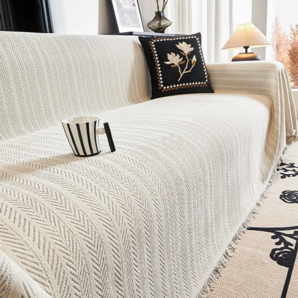 Chenille Sofa Cover – Gray, Herringbone Pattern with Fringes for Living Room or Lounge Sofa