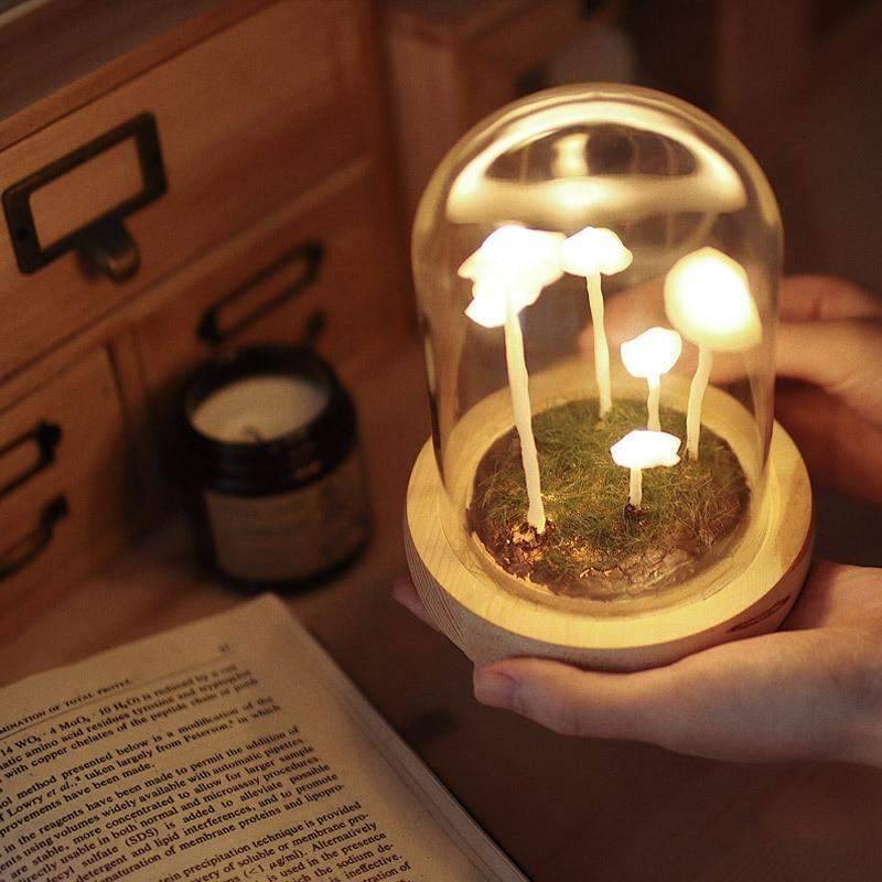 DIY Mushroom Lamp – Glass and Wood, Creative Table Decoration for the Living Room or Bedroom