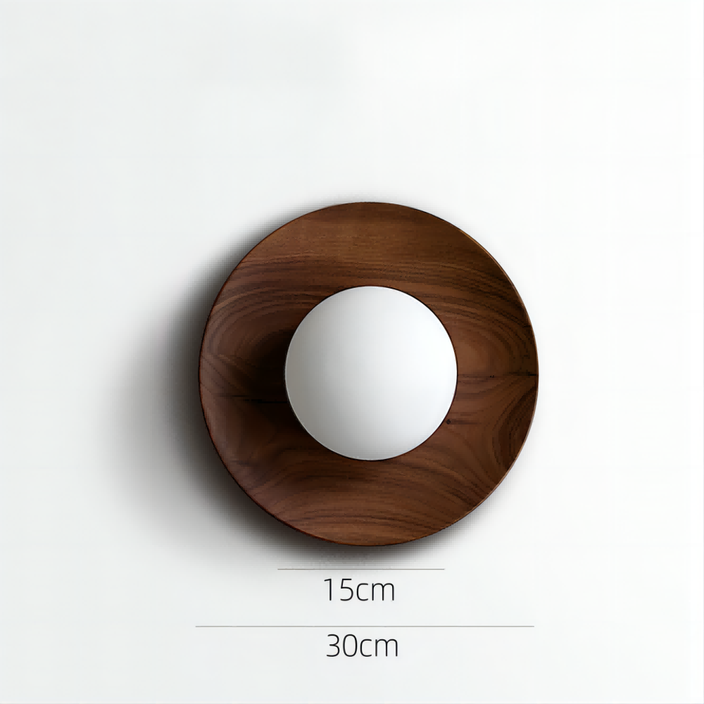 Væglampe i Naturligt Træ og Glas - Rund Model