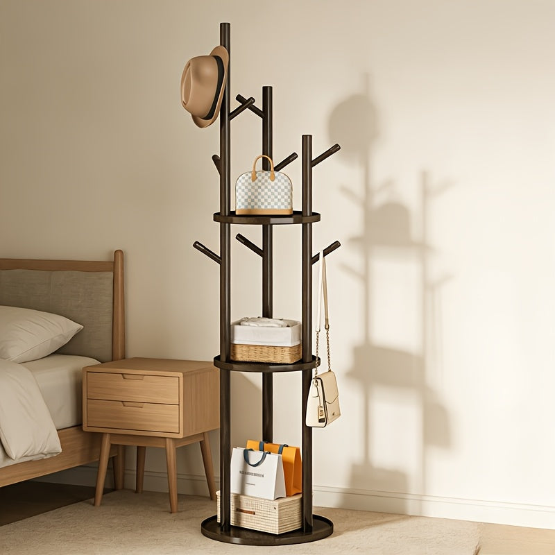 Solid Wood Clothes Rack – Walnut, 3 Shelves & 9 Hooks, 360° Rotating for Hallway or Bedroom