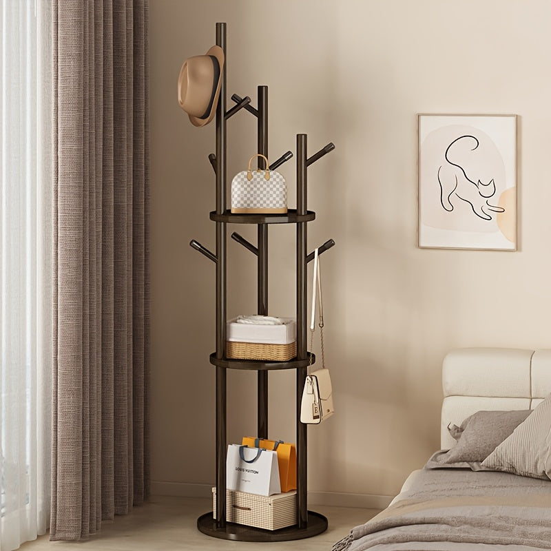 Solid Wood Clothes Rack – Walnut, 3 Shelves & 9 Hooks, 360° Rotating for Hallway or Bedroom