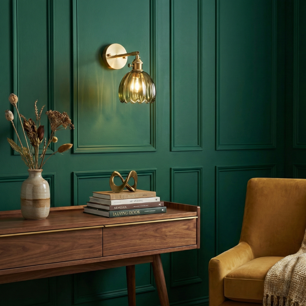 Elegant Wall Sconce Lighting with Glass Shade – Vintage Brass Flower Design 11