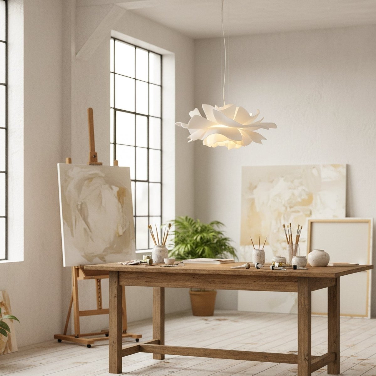 Loftlampe – Hvid, Lotus-inspireret Design til Spisestue eller Stue