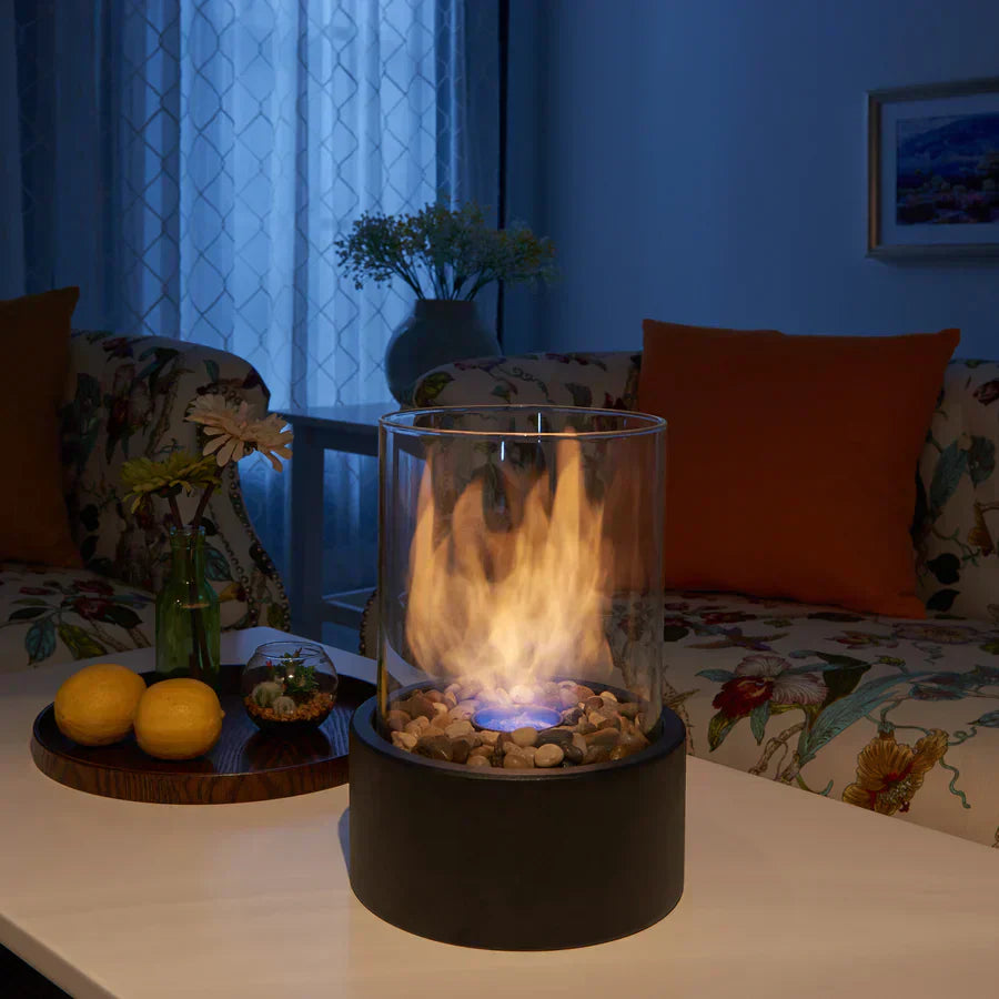Table fireplace – Smoke-free glass and stainless steel, modern design for indoor and outdoor use