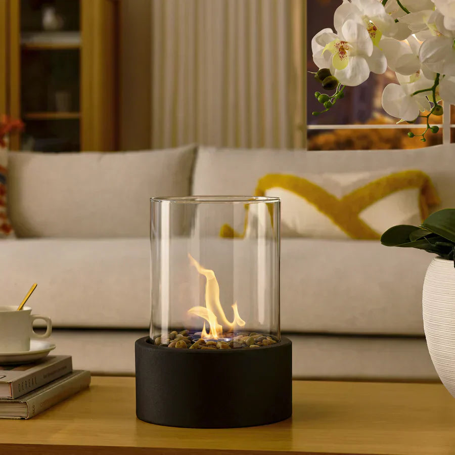 Table fireplace – Smoke-free glass and stainless steel, modern design for indoor and outdoor use