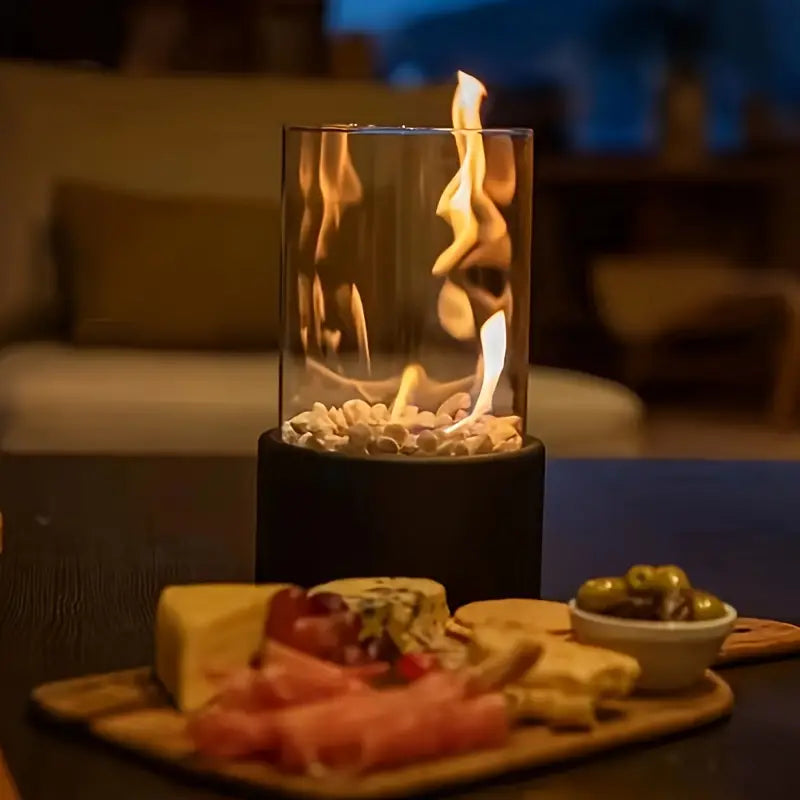Table fireplace – Smoke-free glass and stainless steel, modern design for indoor and outdoor use
