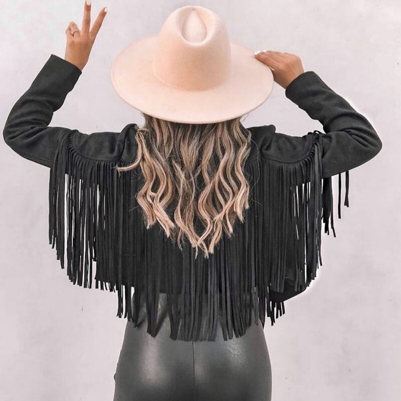 Dame Western Boho ruskindsjakke med frynser – Festivaljakke til mellemvejr til forår/efterår