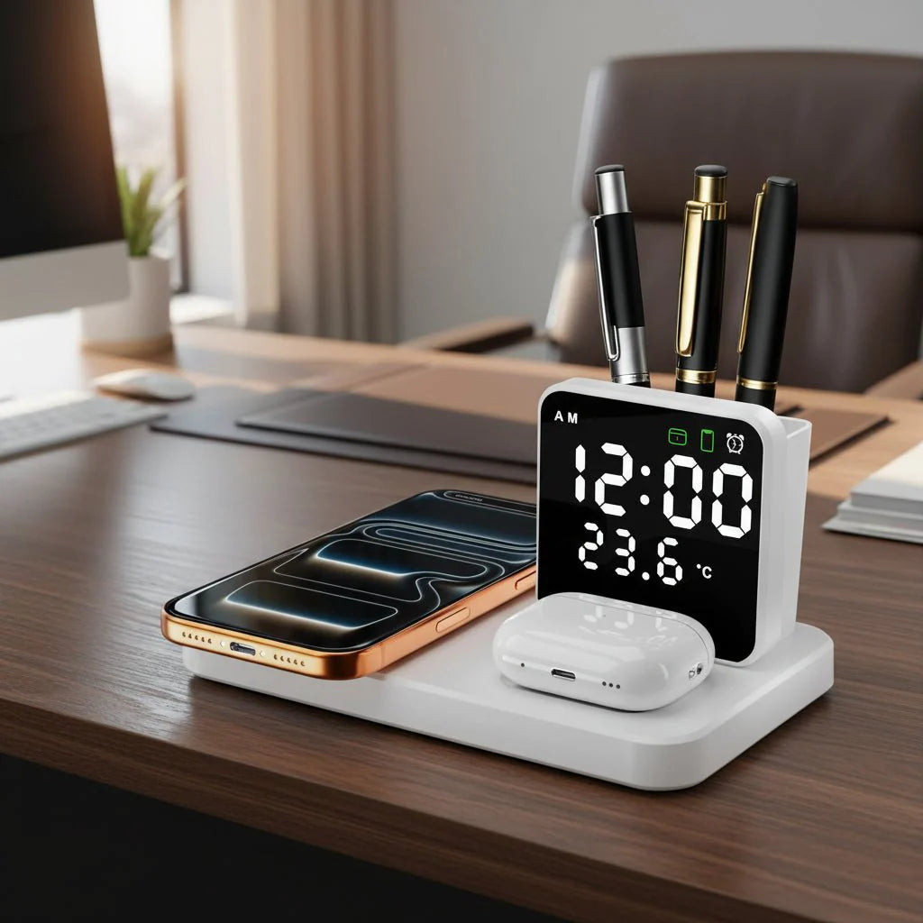 Trådløs Opladestation – Sort, Kompakt 3-i-1 Design til Smartphone, Smartwatch og Hovedtelefon