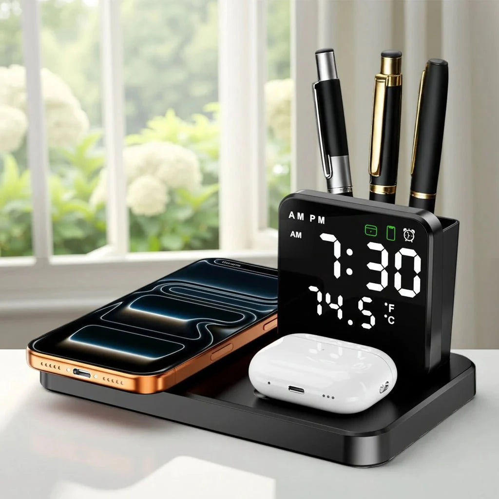 Wireless Charging Station – Black, Compact 3-in-1 Design for Smartphone, Smartwatch, and Headphones