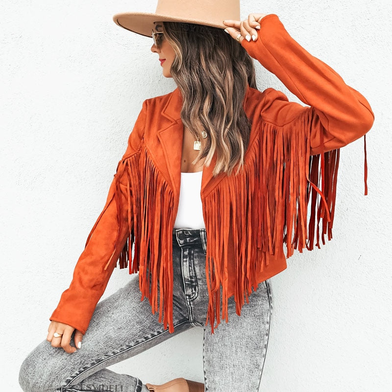 Dame Western Boho ruskindsjakke med frynser – Festivaljakke til mellemvejr til forår/efterår