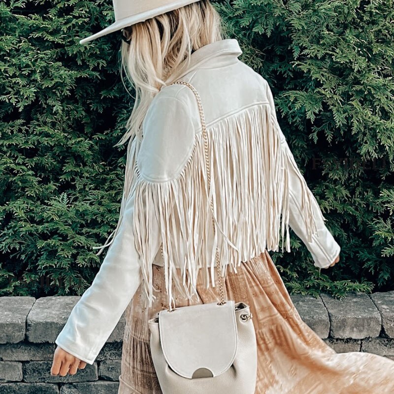 Dame Western Boho ruskindsjakke med frynser – Festivaljakke til mellemvejr til forår/efterår